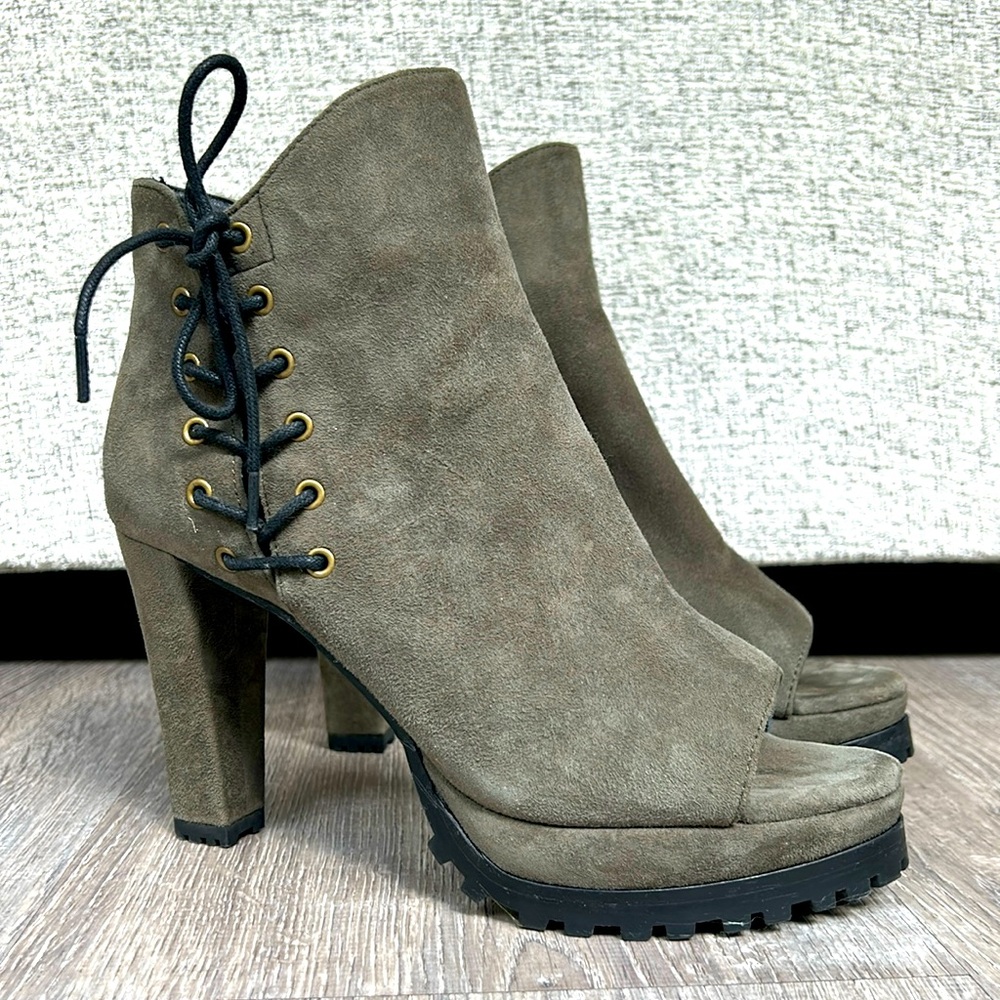 AllSaints Peep-Toe Suede Lace-Up Booties – Size 36